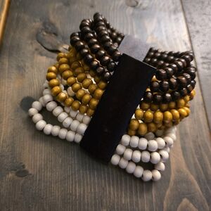 Multi-Row Beaded Stretch Faux Wood Bracelet